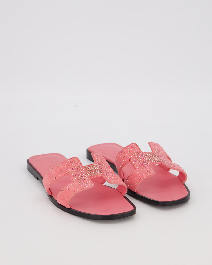 Hermès Oran Sandals in Rose Jaipur Suede with Crystal Application Size EU 37.5