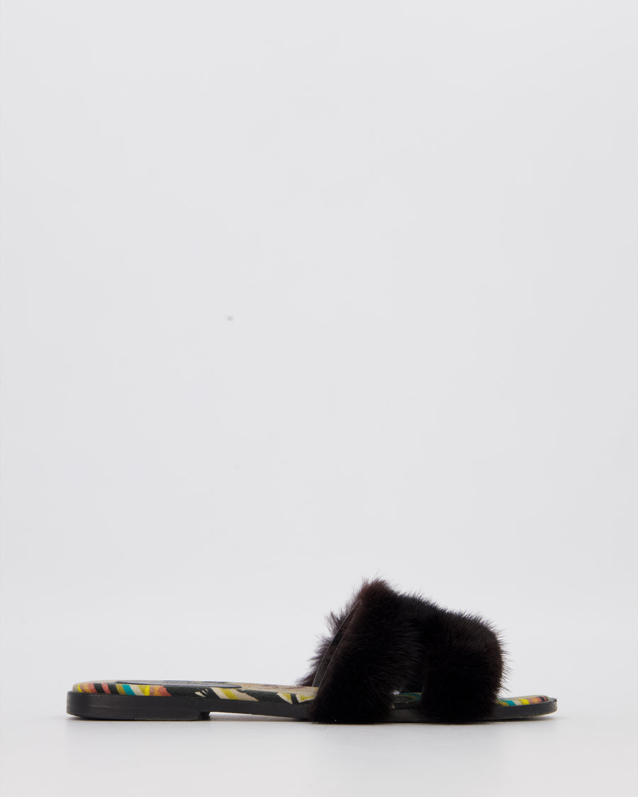Hermès Oran Sandals in Noir Mink Fur Size EU 38