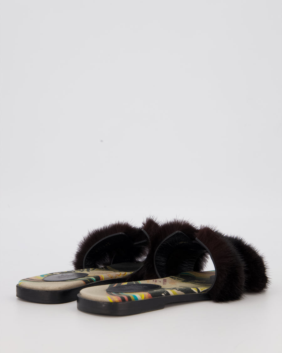 Hermès Oran Sandals in Noir Mink Fur Size EU 38