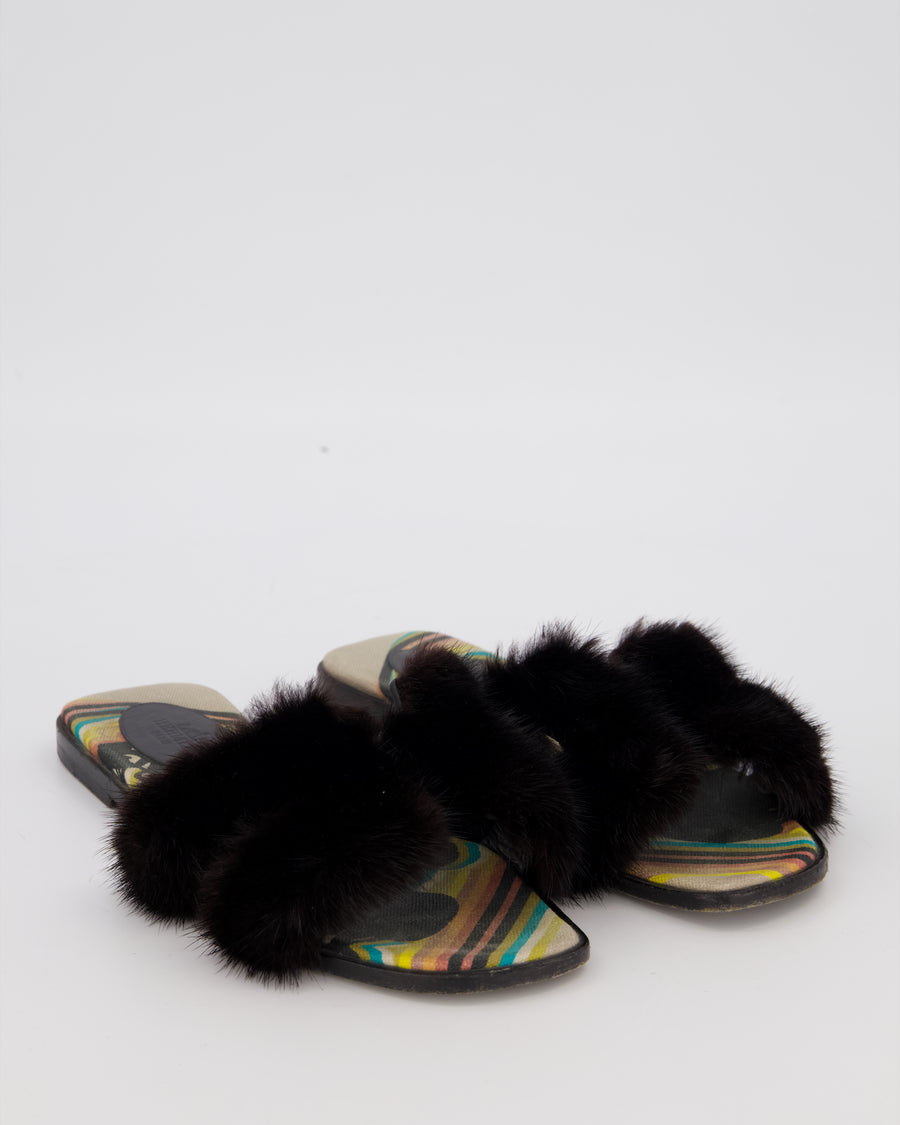 Hermès Oran Sandals in Noir Mink Fur Size EU 38