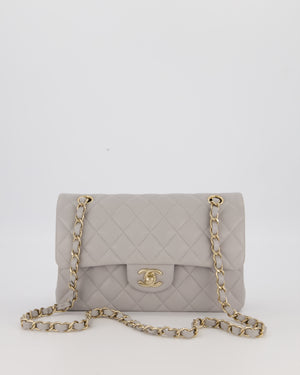Chanel Light Grey Small Classic Double Flap Bag in Caviar Leather with Champagne Gold Hardware