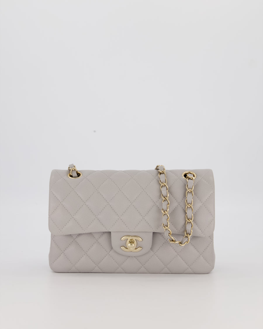 Chanel Light Grey Small Classic Double Flap Bag in Caviar Leather with Champagne Gold Hardware