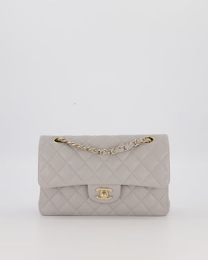 Chanel Light Grey Small Classic Double Flap Bag in Caviar Leather with Champagne Gold Hardware