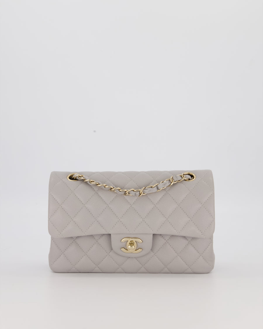 Chanel Light Grey Small Classic Double Flap Bag in Caviar Leather with Champagne Gold Hardware