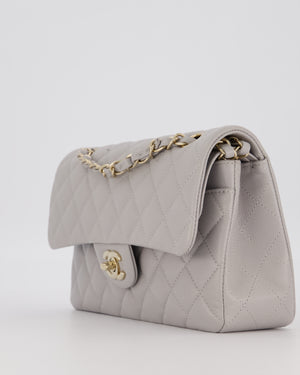 Chanel Light Grey Small Classic Double Flap Bag in Caviar Leather with Champagne Gold Hardware