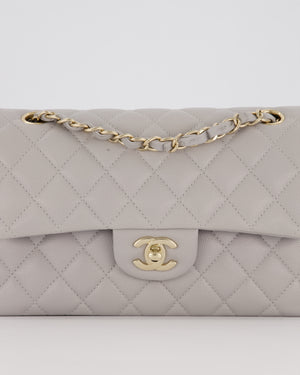Chanel Light Grey Small Classic Double Flap Bag in Caviar Leather with Champagne Gold Hardware