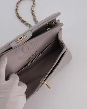 Chanel Light Grey Small Classic Double Flap Bag in Caviar Leather with Champagne Gold Hardware