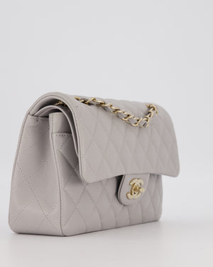 Chanel Light Grey Small Classic Double Flap Bag in Caviar Leather with Champagne Gold Hardware