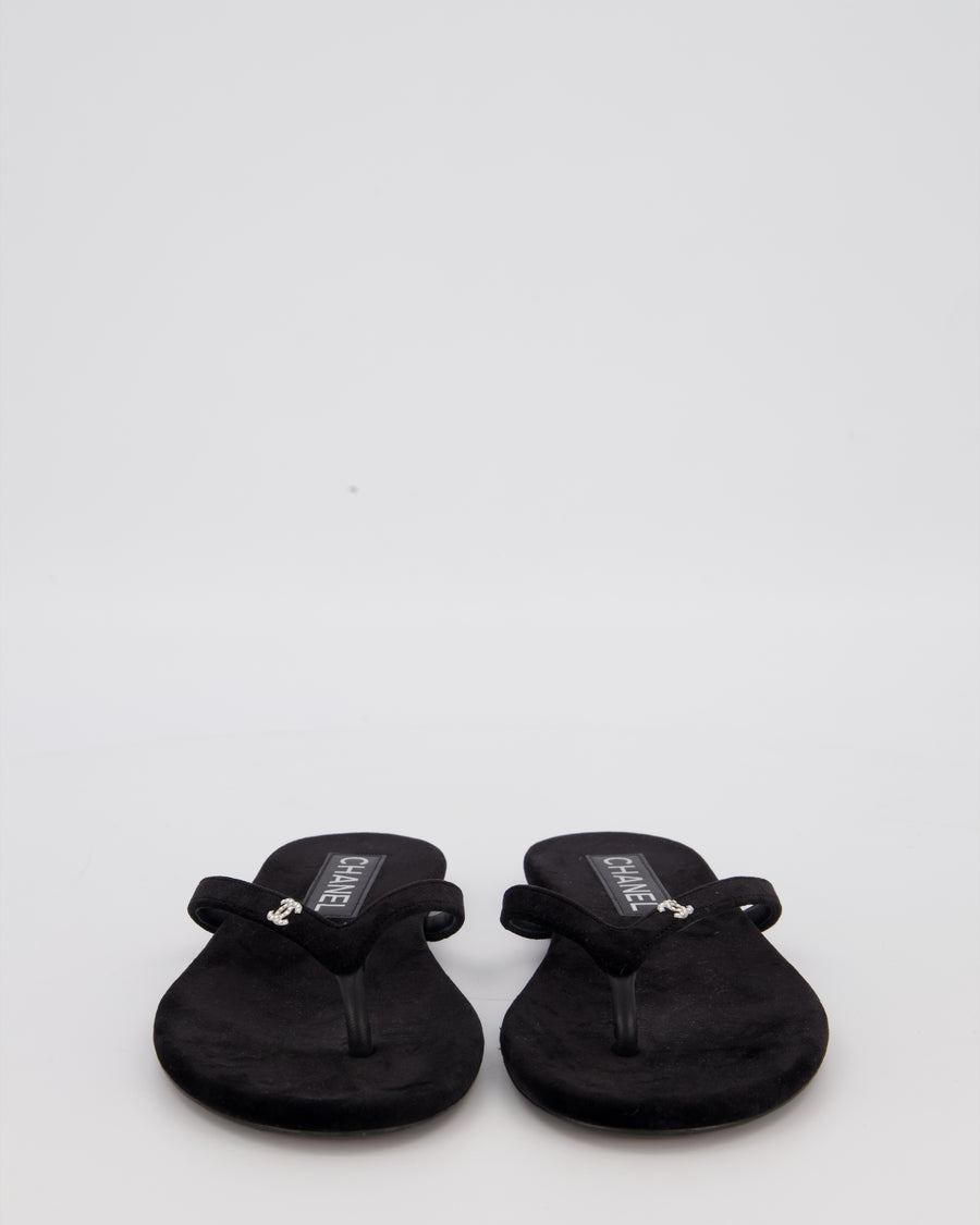 Chanel Black Suede Flip-Flops with Crystal CC Logo Detail Size EU 37.5C