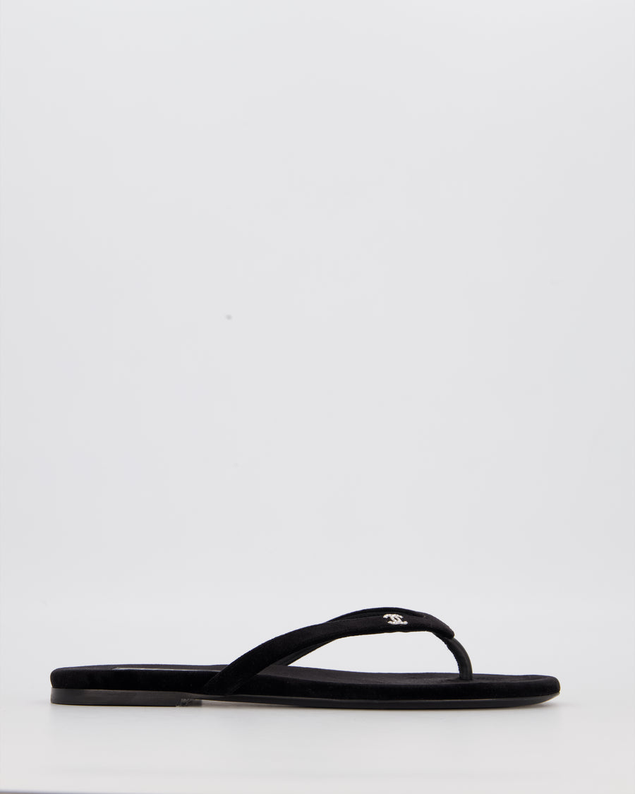 Chanel Black Suede Flip-Flops with Crystal CC Logo Detail Size EU 37.5C