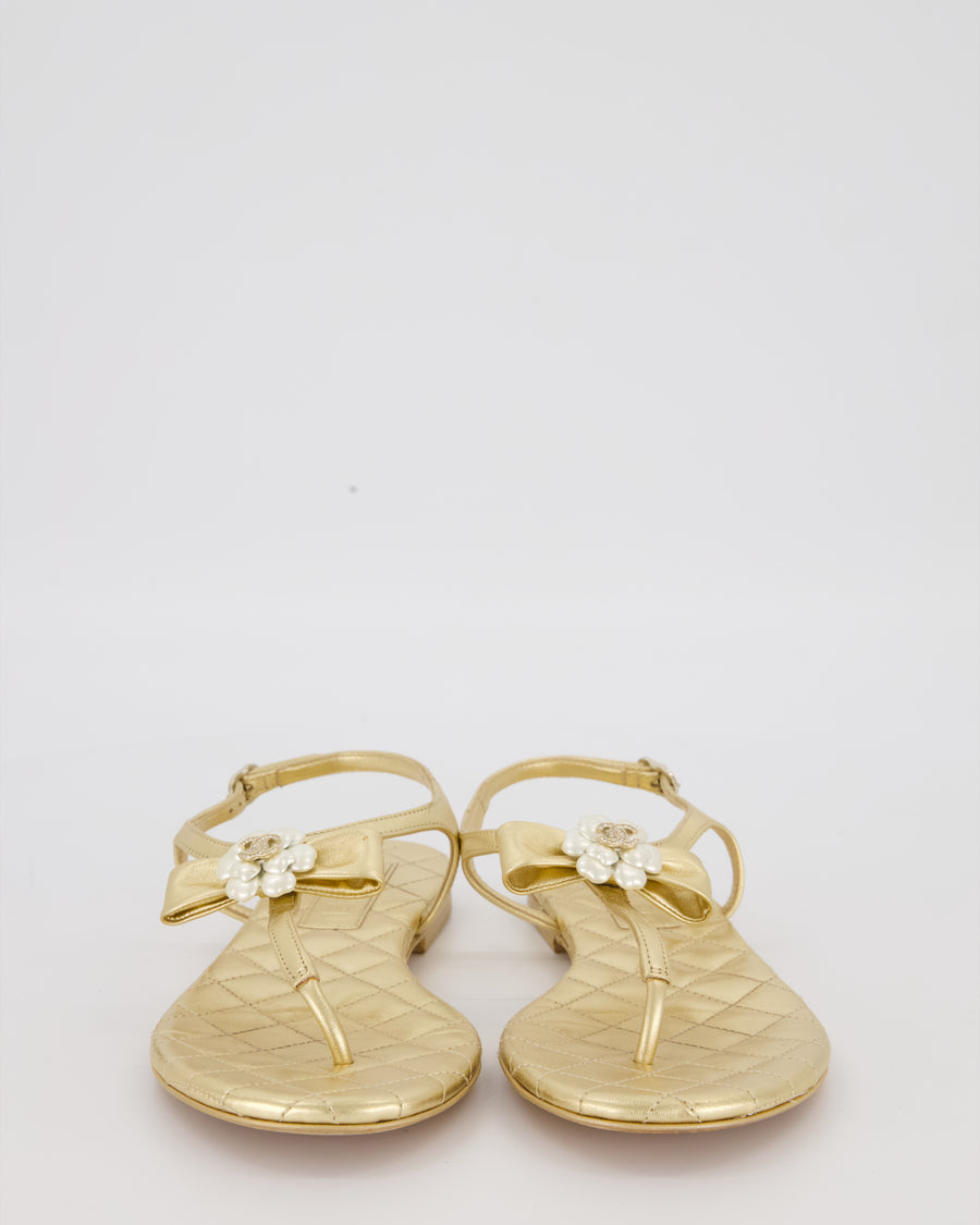 Chanel Gold Quilted Lambskin Flat Thong Sandals with Pearl Camellia and CC Logo Detail Size EU 37.5C