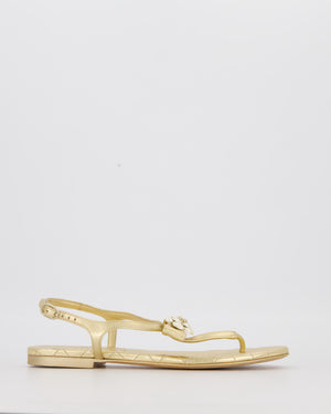 Chanel Gold Quilted Lambskin Flat Thong Sandals with Pearl Camellia and CC Logo Detail Size EU 37.5C