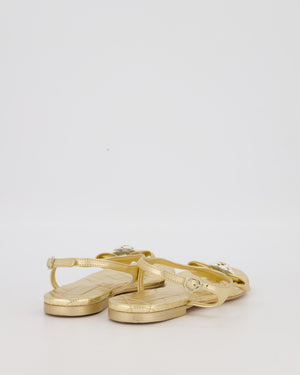 Chanel Gold Quilted Lambskin Flat Thong Sandals with Pearl Camellia and CC Logo Detail Size EU 37.5C