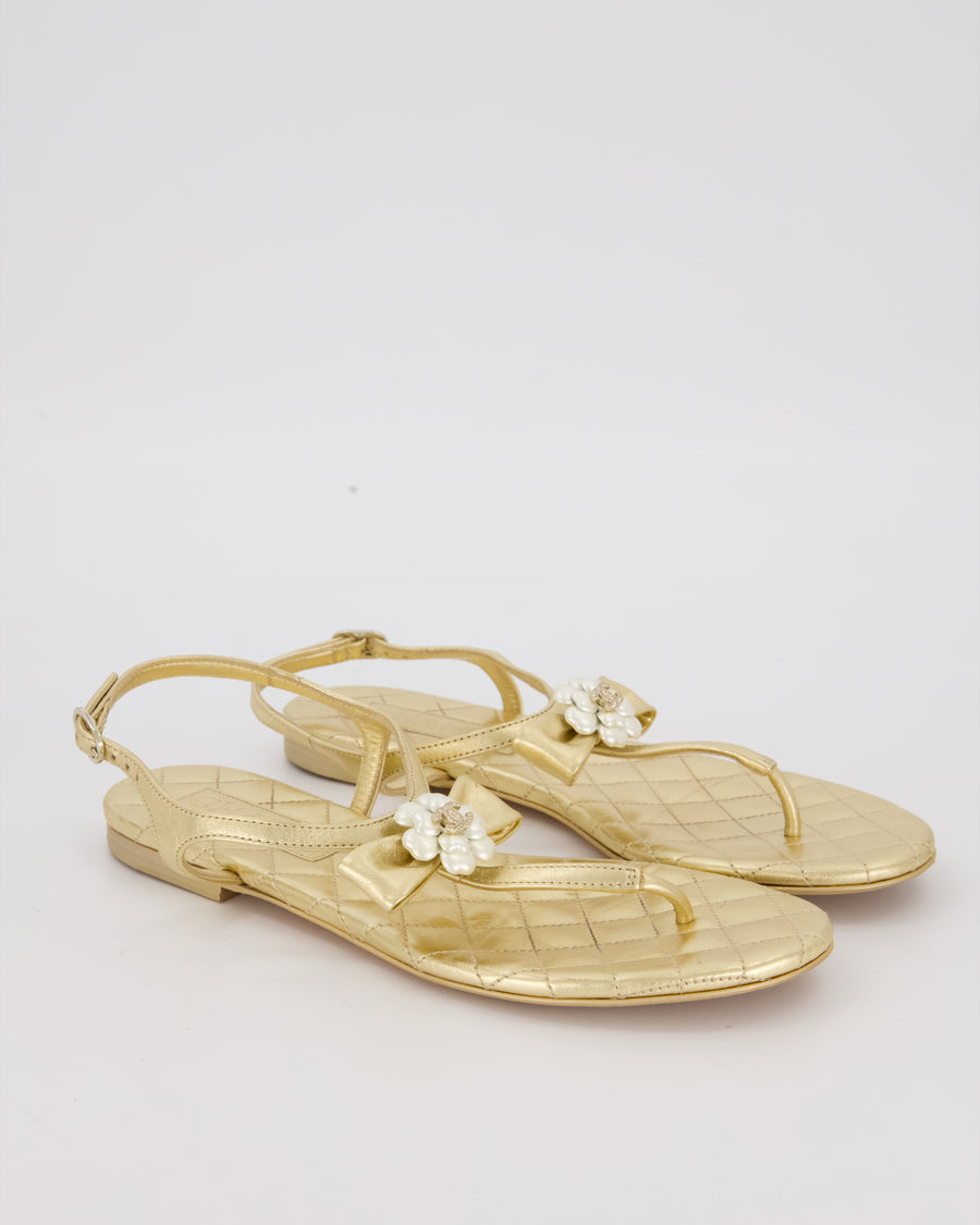 Chanel Gold Quilted Lambskin Flat Thong Sandals with Pearl Camellia and CC Logo Detail Size EU 37.5C