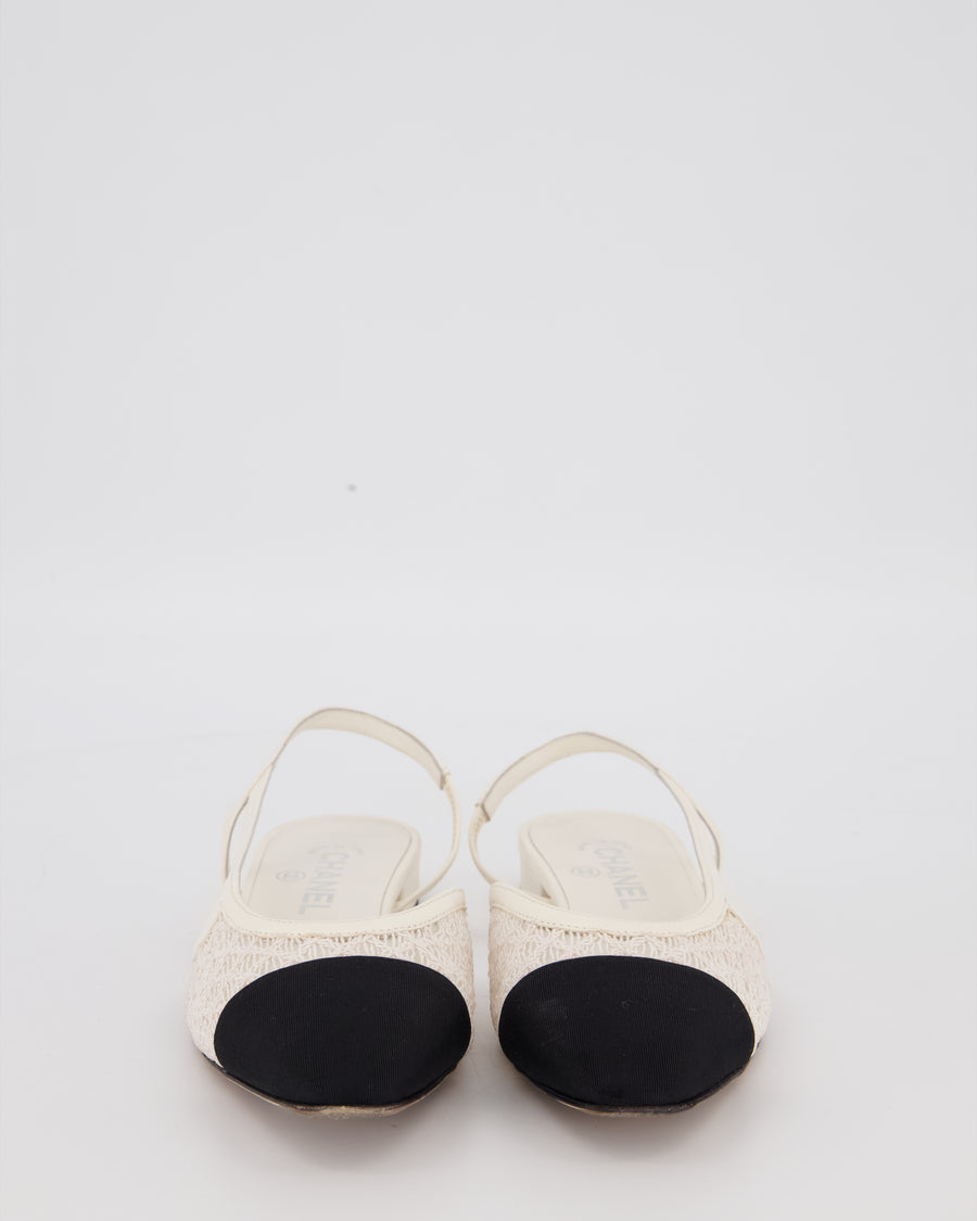 Chanel White Lace Slingbacks with Black Toe Cap Size EU 37C