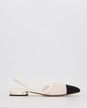 Chanel White Lace Slingbacks with Black Toe Cap Size EU 37C