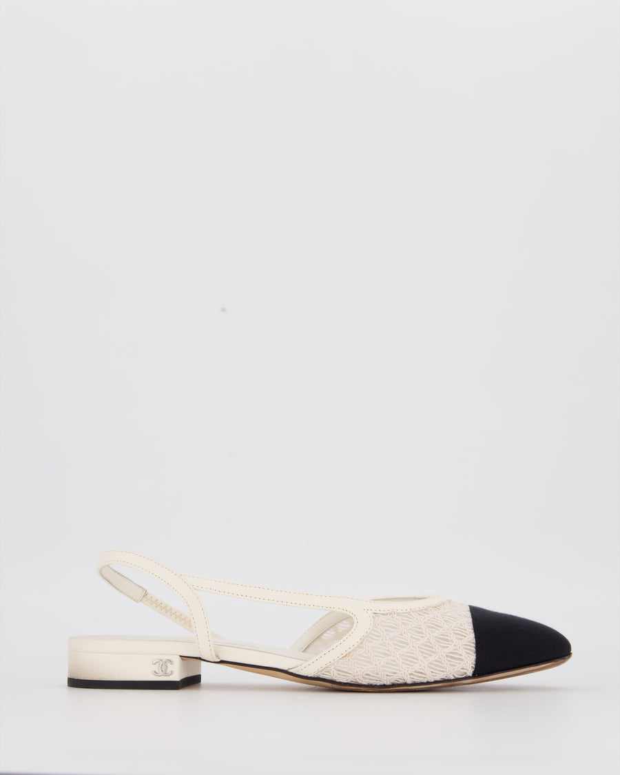Chanel White Lace Slingbacks with Black Toe Cap Size EU 37C