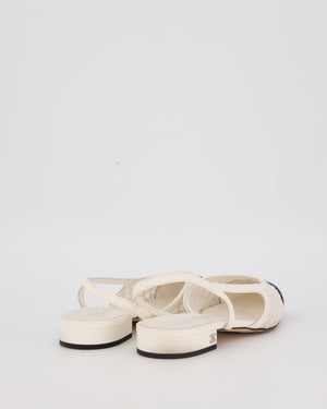 Chanel White Lace Slingbacks with Black Toe Cap Size EU 37C