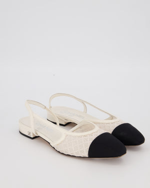 Chanel White Lace Slingbacks with Black Toe Cap Size EU 37C