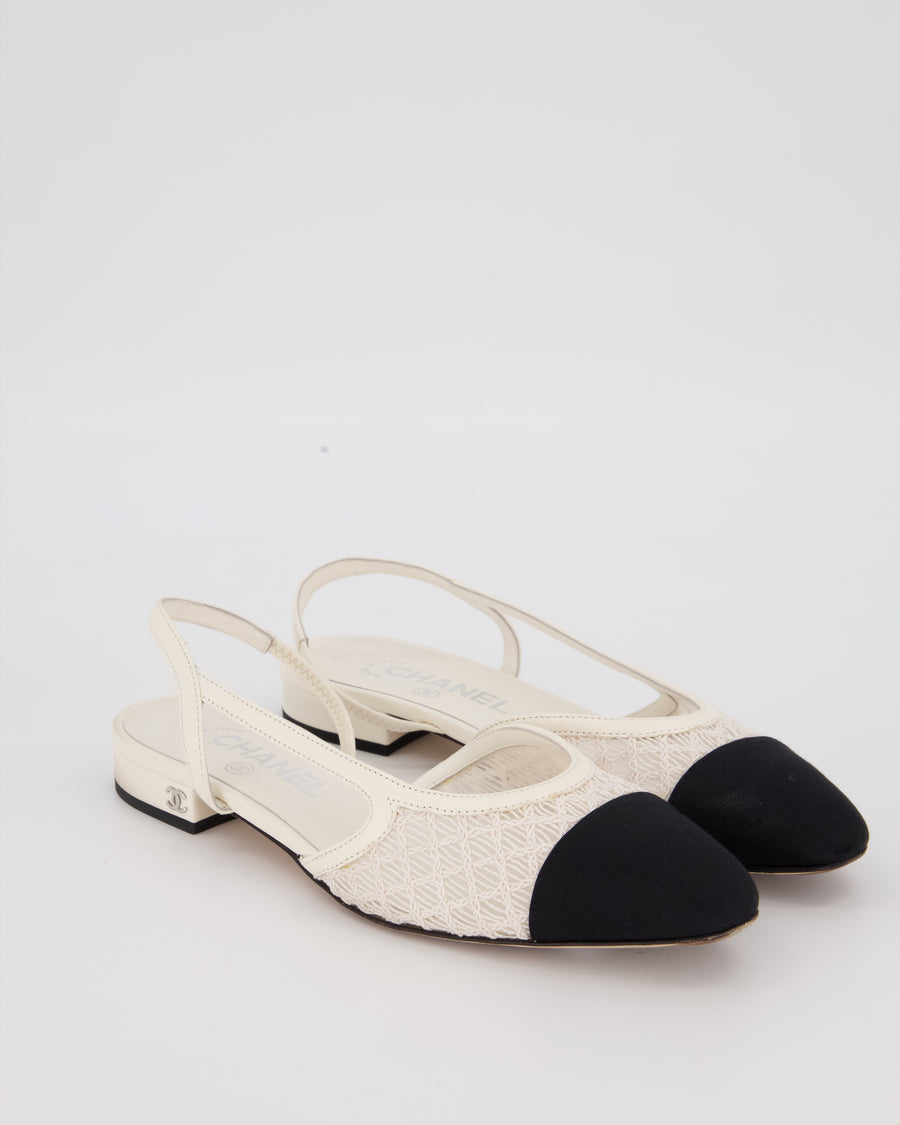 Chanel White Lace Slingbacks with Black Toe Cap Size EU 37C