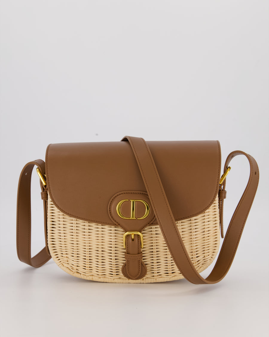Christian Dior Medium Bobby Bag in Brown Calfskin and Wicker with Gold Hardware