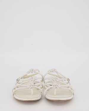 Chanel White Leather Camellia Sandals with CC Logo Detail Size EU 37.5C