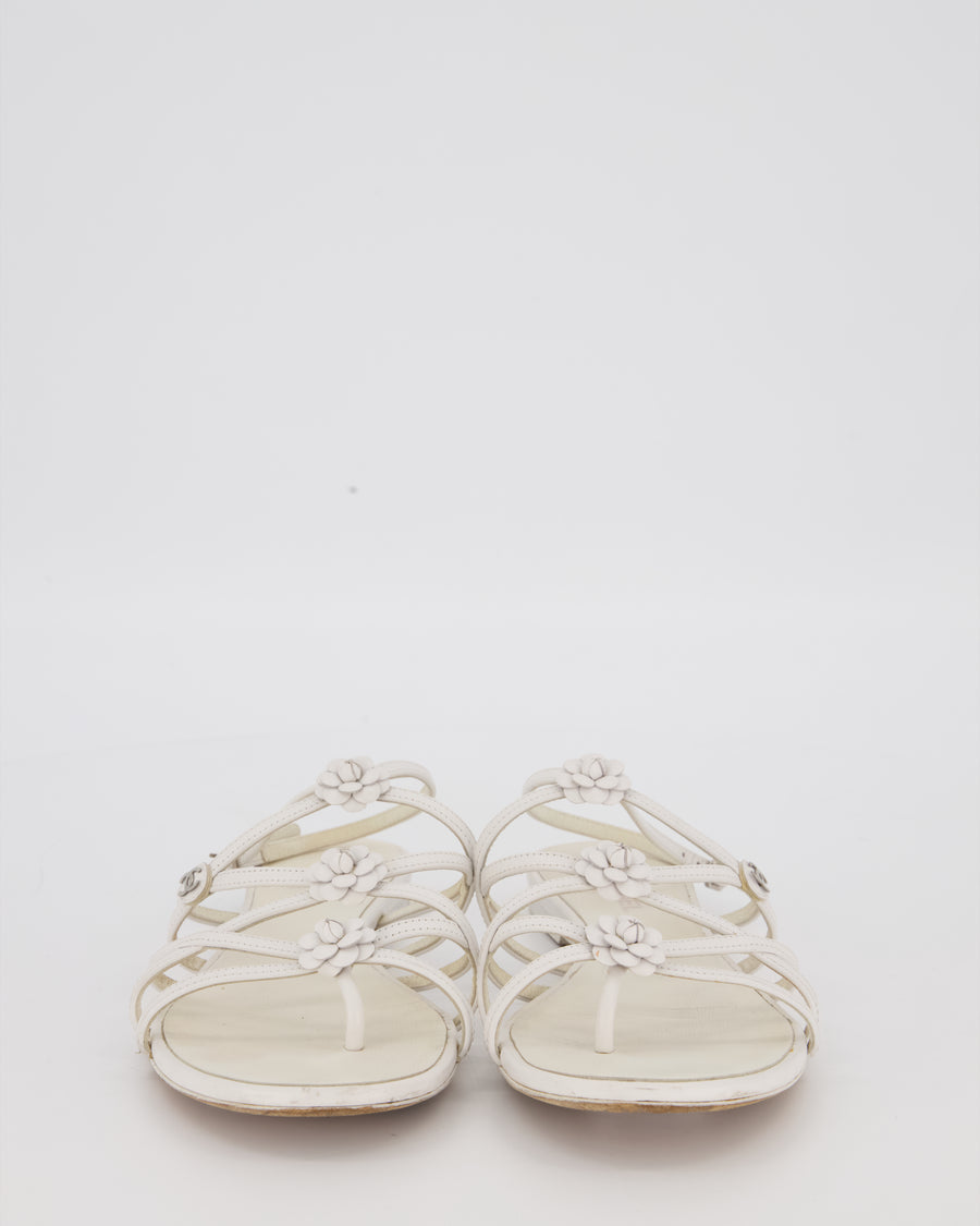Chanel White Leather Camellia Sandals with CC Logo Detail Size EU 37.5C