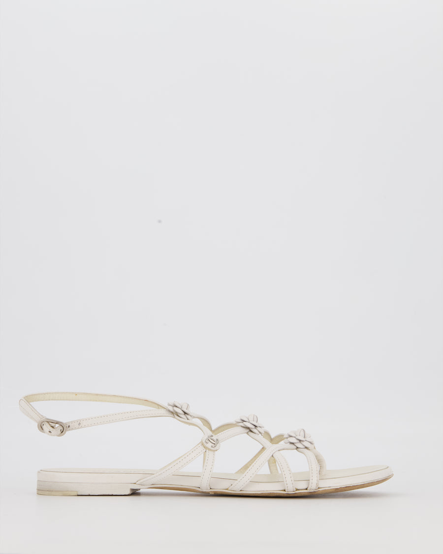 Chanel White Leather Camellia Sandals with CC Logo Detail Size EU 37.5C