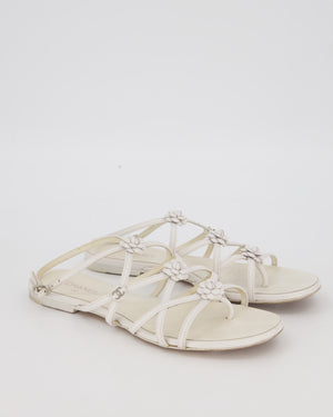 Chanel White Leather Camellia Sandals with CC Logo Detail Size EU 37.5C