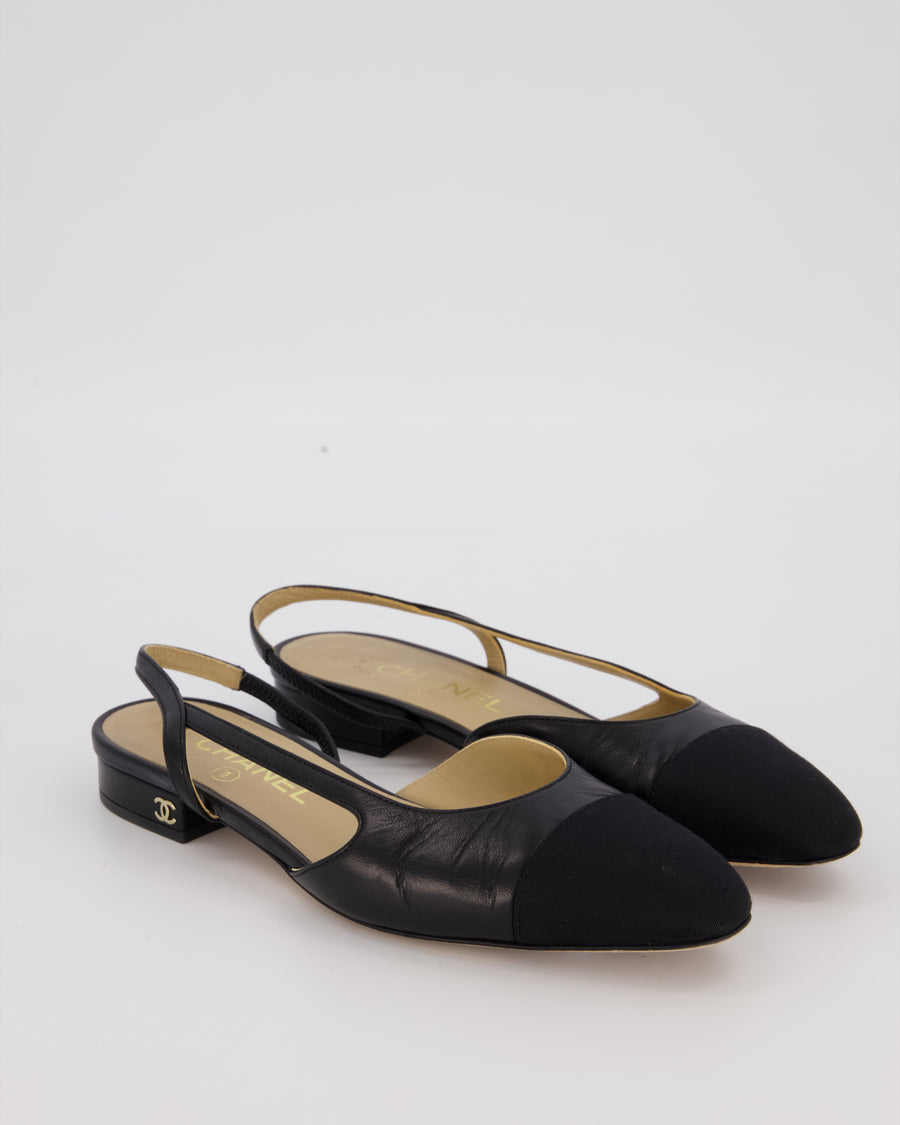 Chanel Black Leather Slingbacks with Black Toe Cap Size EU 37C