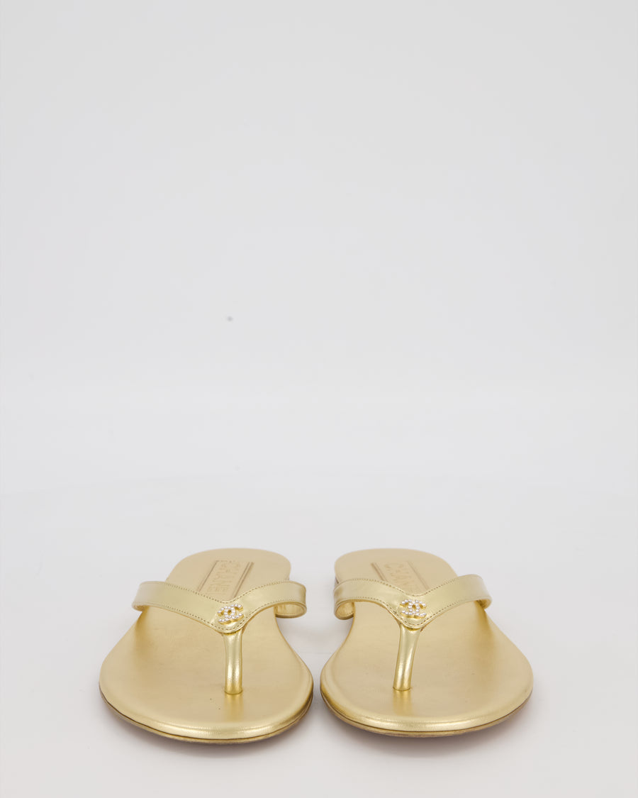 Chanel Gold Leather Flip-Flops with Crystal CC Logo Detail Size EU 37.5C