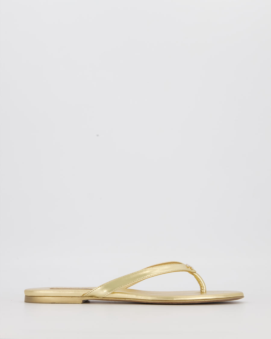 Chanel Gold Leather Flip-Flops with Crystal CC Logo Detail Size EU 37.5C