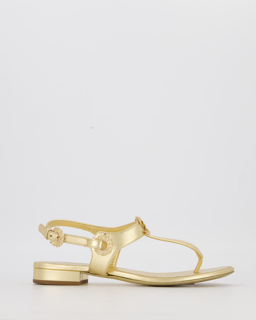 Chanel Gold Leather Flat Thong Sandals with CC Logo Detail Size EU 37.5C