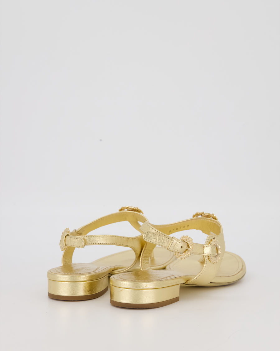Chanel Gold Leather Flat Thong Sandals with CC Logo Detail Size EU 37.5C