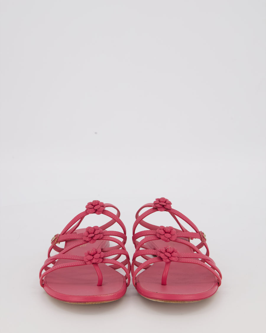 Chanel Magenta Leather Camellia Sandals with CC Logo Detail Size EU 37C