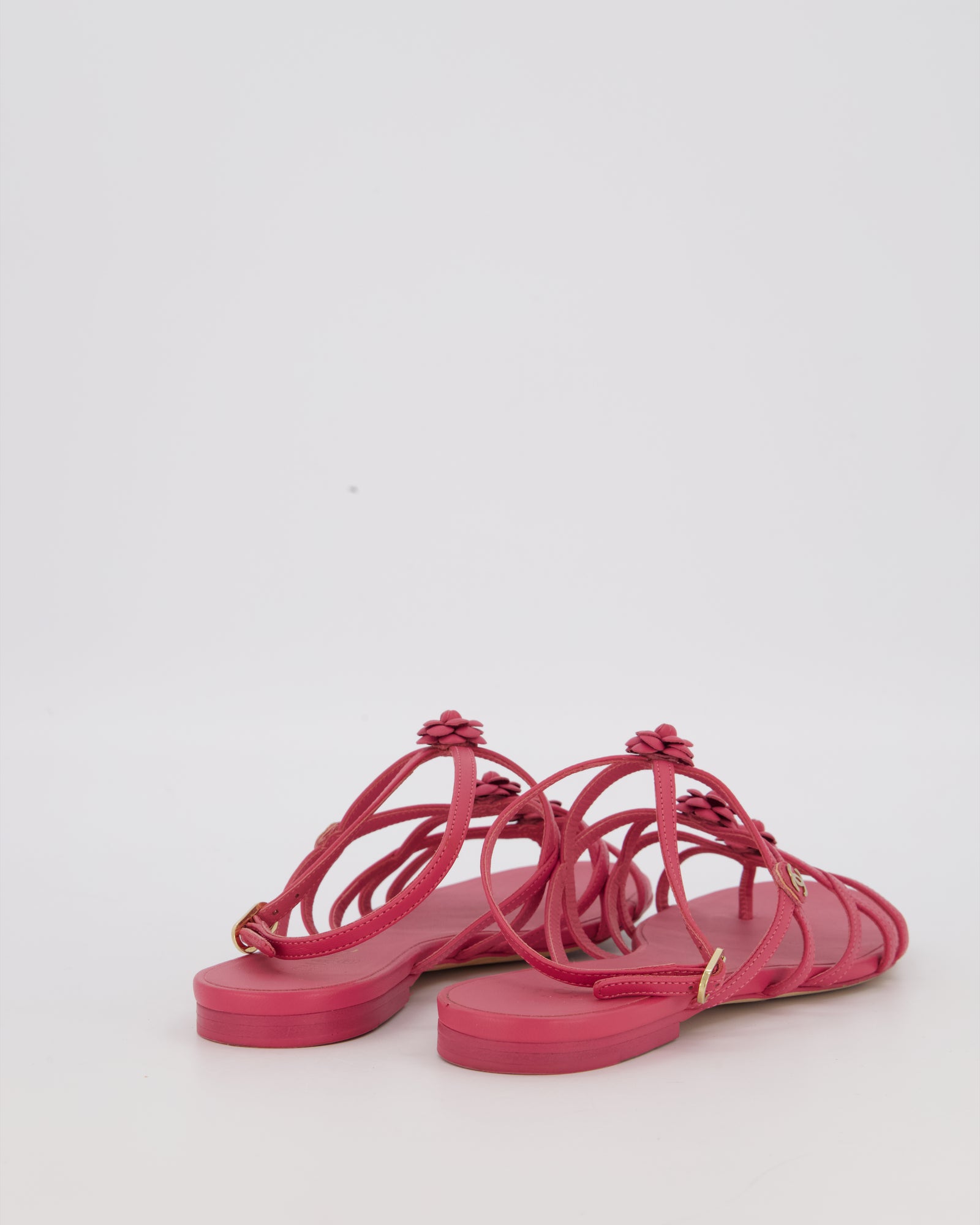 Chanel Magenta Leather Camellia Sandals with CC Logo Detail Size