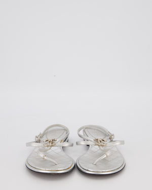 Chanel Silver Quilted Leather Flat Thong Sandals with CC Crystal Logo Detail Size EU 38C