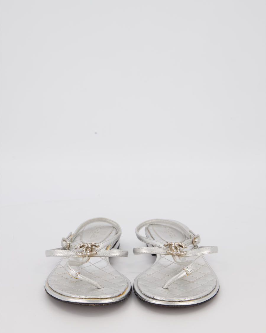 Chanel Silver Quilted Leather Flat Thong Sandals with CC Crystal Logo Detail Size EU 38C
