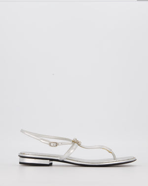 Chanel Silver Quilted Leather Flat Thong Sandals with CC Crystal Logo Detail Size EU 38C