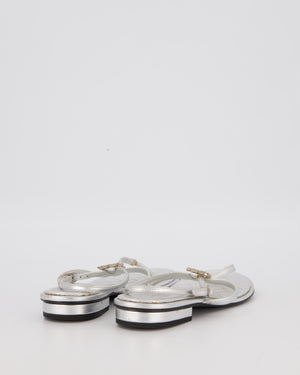 Chanel Silver Quilted Leather Flat Thong Sandals with CC Crystal Logo Detail Size EU 38C