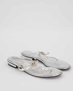 Chanel Silver Quilted Leather Flat Thong Sandals with CC Crystal Logo Detail Size EU 38C