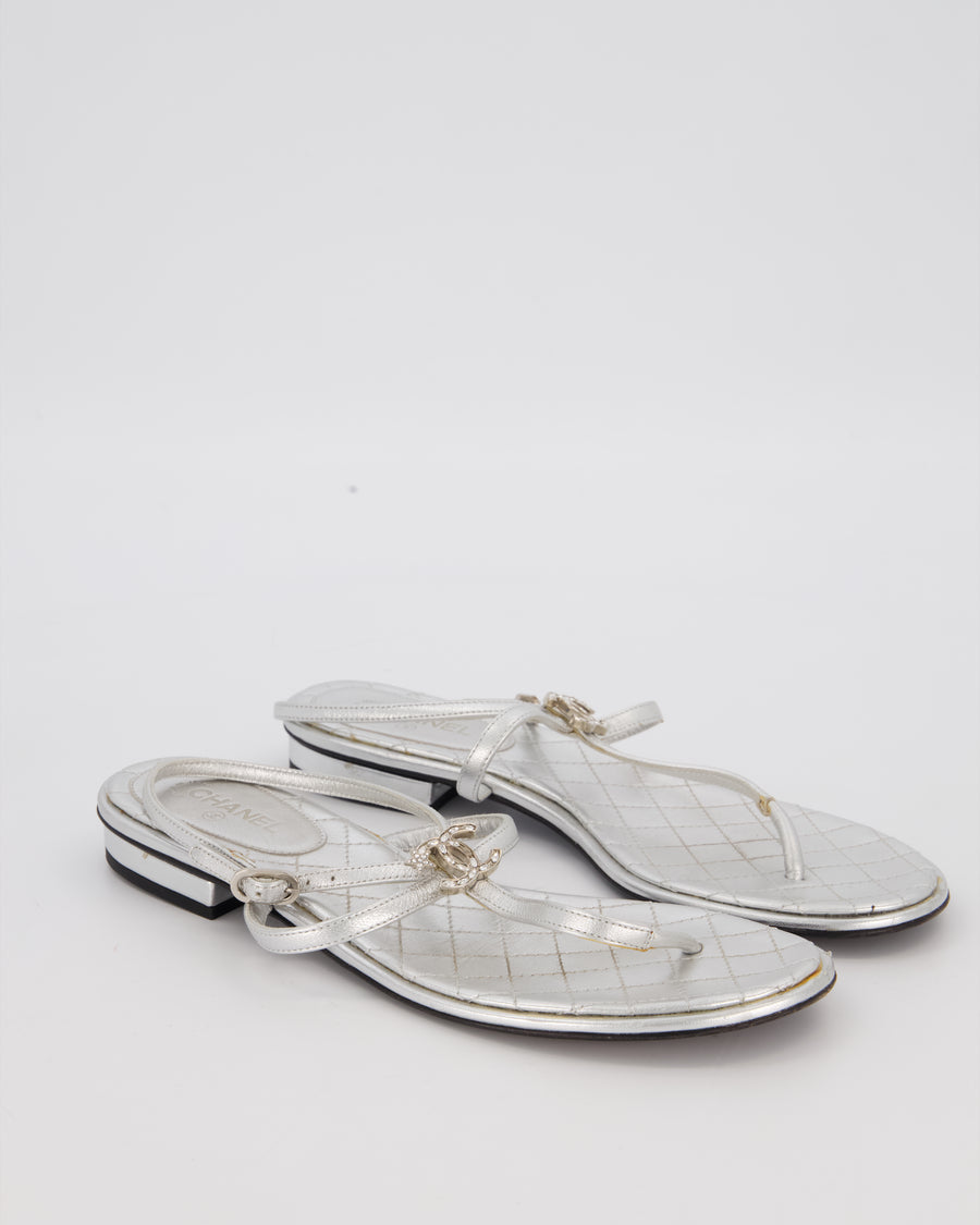 Chanel Silver Quilted Leather Flat Thong Sandals with CC Crystal Logo Detail Size EU 38C
