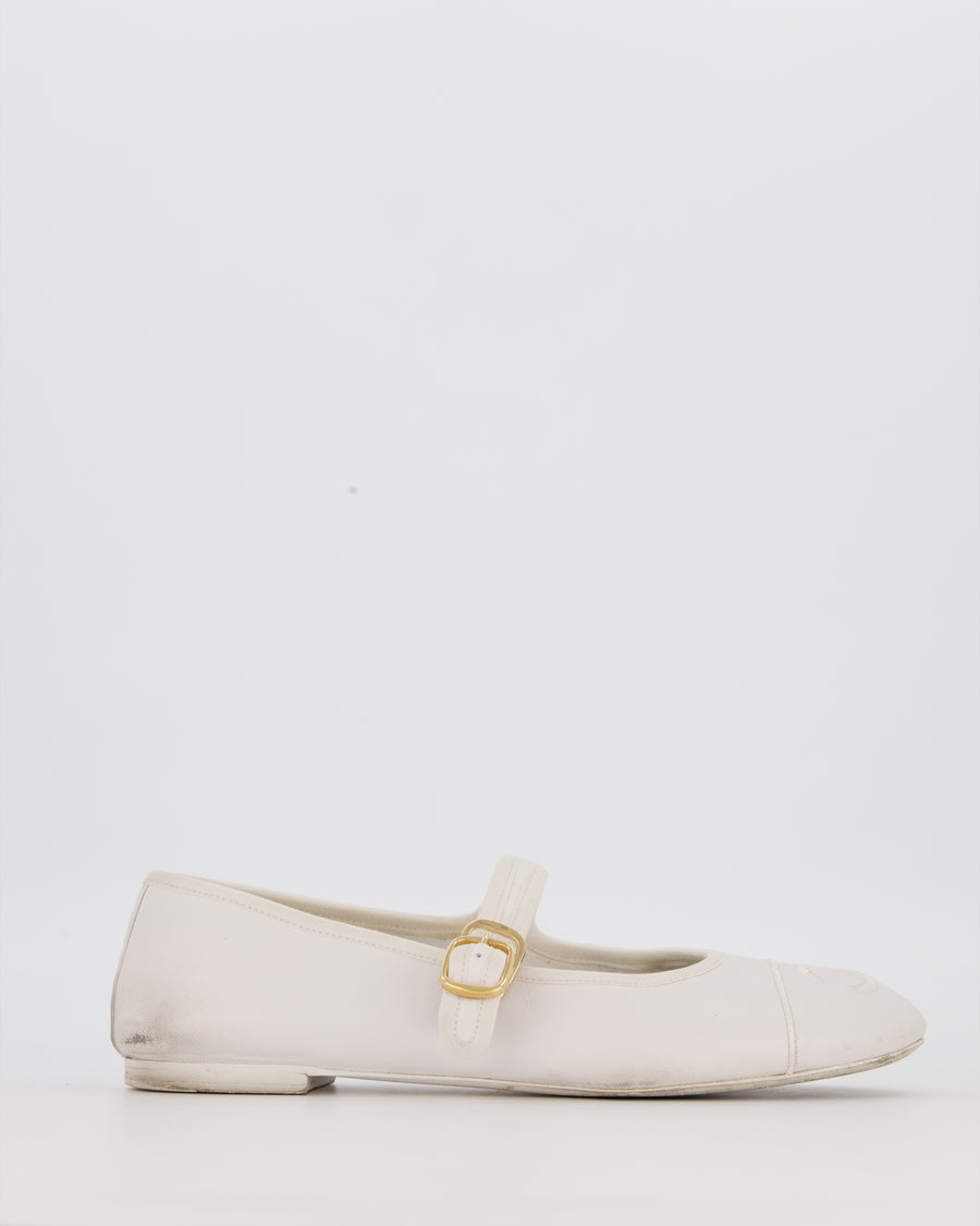Chanel White Lambskin Mary Jane Flats with CC Logo Toecap Size EU 38C