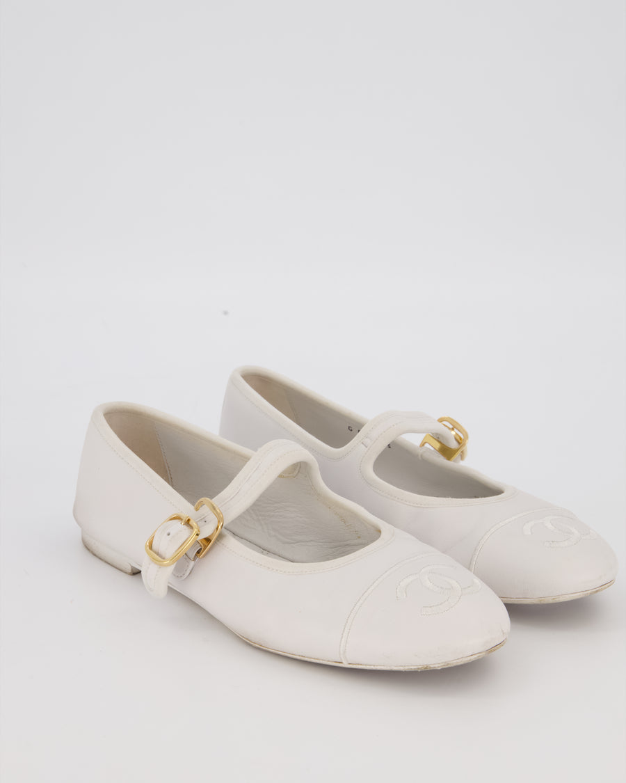 Chanel White Lambskin Mary Jane Flats with CC Logo Toecap Size EU 38C