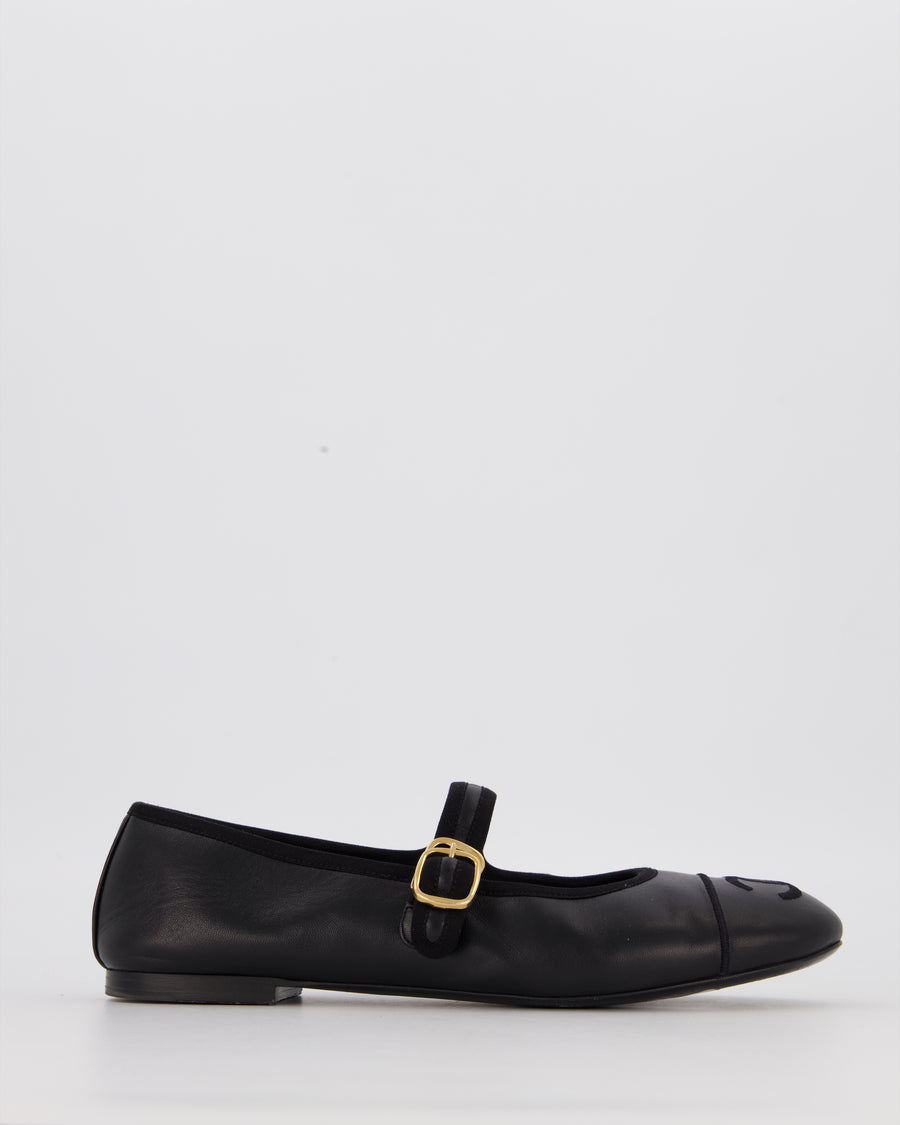 Chanel Black Lambskin Mary Jane Flats with CC Logo Toecap Size EU 38C