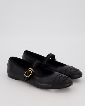 Chanel Black Lambskin Mary Jane Flats with CC Logo Toecap Size EU 38C