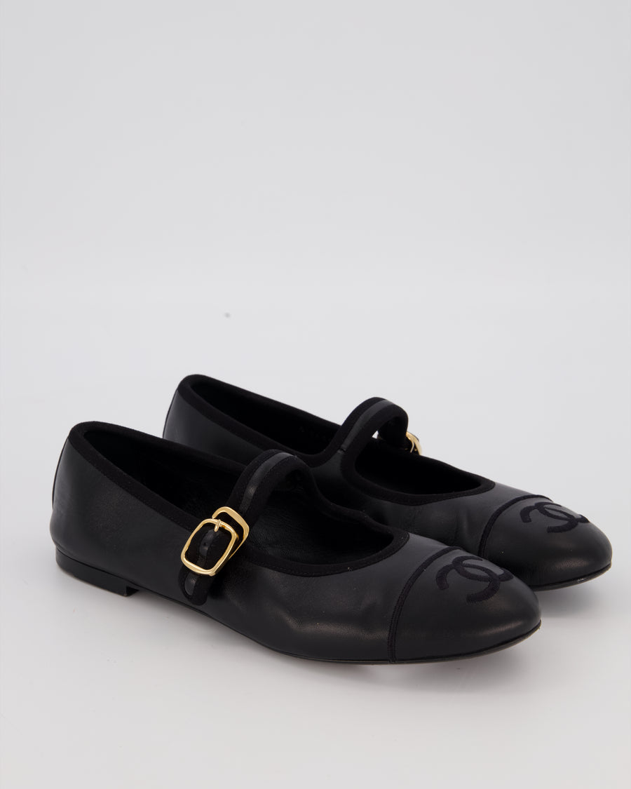 Chanel Black Lambskin Mary Jane Flats with CC Logo Toecap Size EU 38C