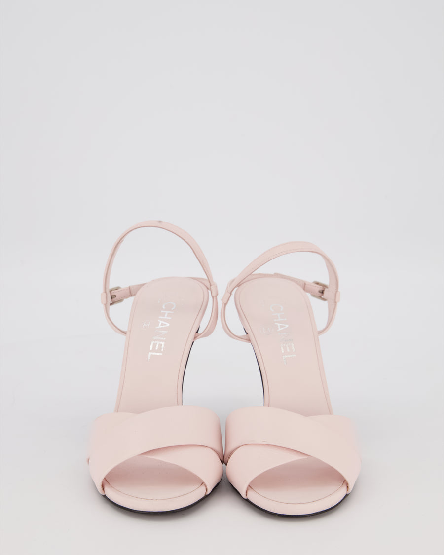 Chanel Baby Pink Leather Crossover Heels with Logo Pearl Heel Detail Size EU 37.5