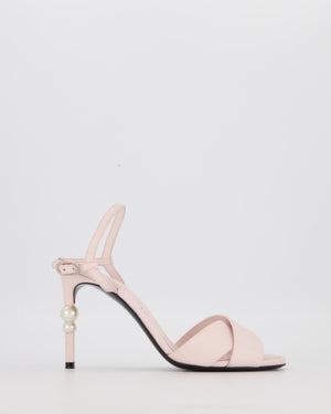 Chanel Baby Pink Leather Crossover Heels with Logo Pearl Heel Detail Size EU 37.5