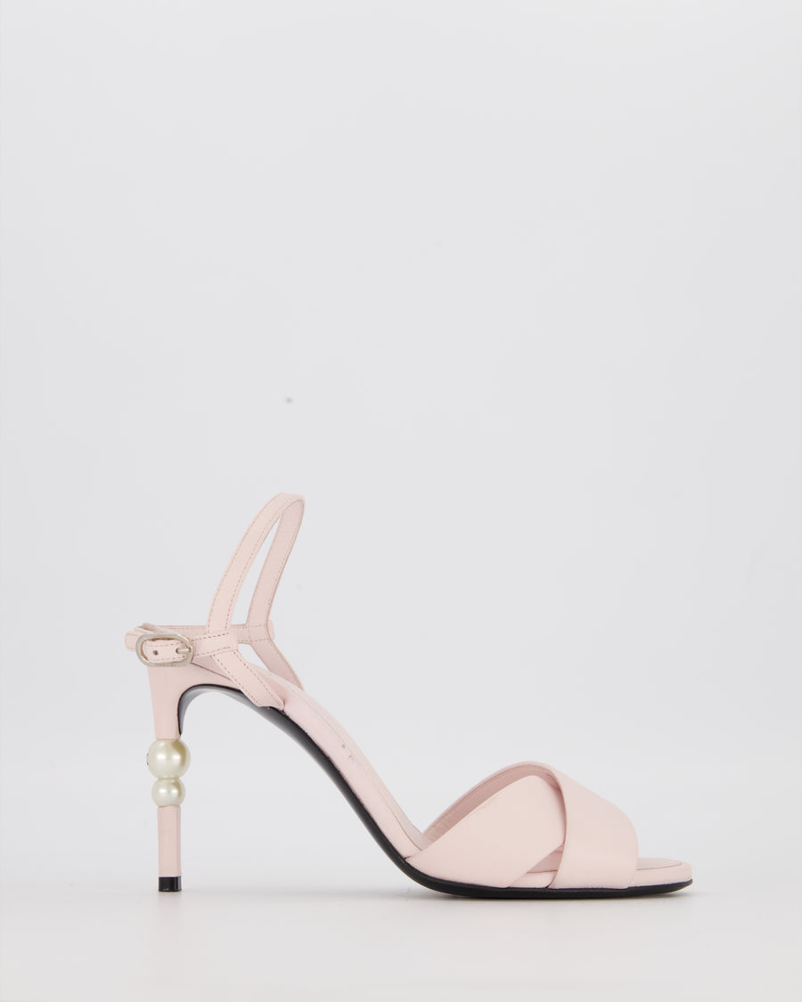 Chanel Baby Pink Leather Crossover Heels with Logo Pearl Heel Detail Size EU 37.5